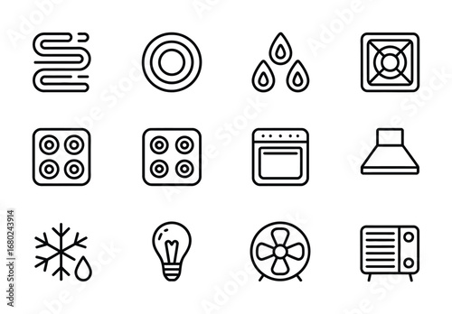 Collection of household appliance icons representing various functions and utilities usage in home Vector