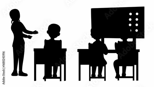 Silhouette of a teacher instructing students in a classroom with a projector screen displayed ahead