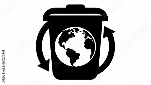 Black and white graphic of a trash can with a globe inside and recycle arrows around it in a white background silhouette