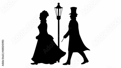 Silhouette of a victorian couple walking by a lamppost in formal attire under the night sky scenery