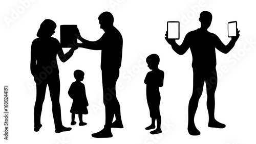 Silhouette of family with tablets showing modern lifestyle and technology use in daily interactions