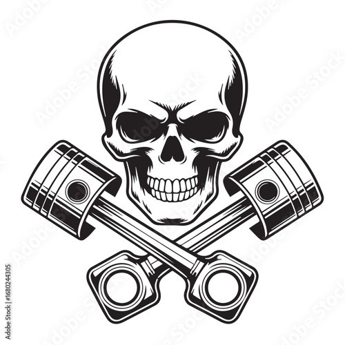Skull with crossed engine pistons black and white illustration for biker, garage, and tattoo design