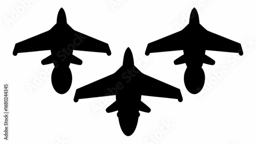 Silhouette depiction of three fighter jets arranged in a triangular formation against white background
