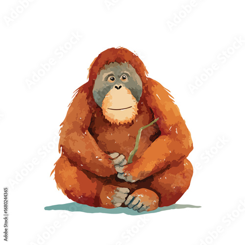Seated orangutan with textured fur and a gentle expression holding a twig