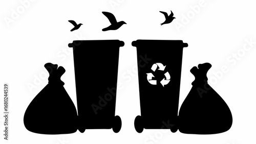 Two trash cans with recycle symbol and trash bags and birds flying in black and white silhouette style