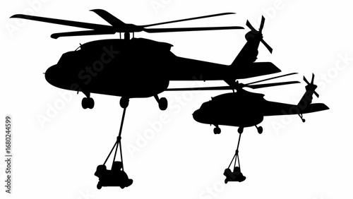 Silhouette of two helicopters carrying loads suspended by cables against white background image art