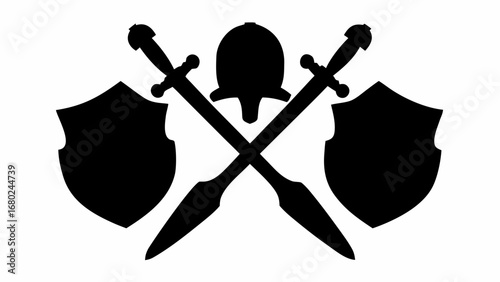 Black and white emblem featuring crossed swords a knight helmet and two shields in a symmetrical arrangement silhouette