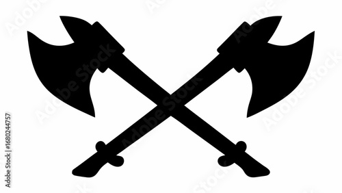 Illustration of two crossed axes with black blades and handles on a white background in a simple style silhouette