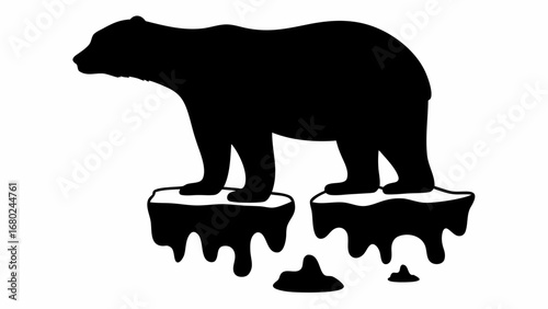 Silhouette of a polar bear standing on melting ice floes against a white background climate change concept