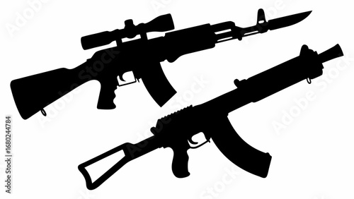 Two assault rifles in black silhouette one with a scope and bayonet on a white background shown clearly
