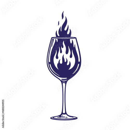 Creative illustration of a wine glass filled with flames representing passion and intensity
