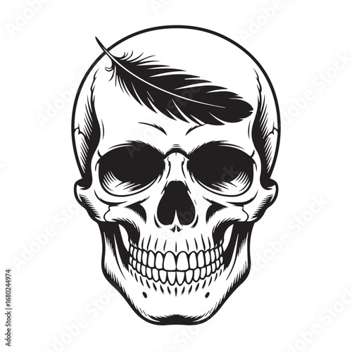 Human skull with feather black and white illustration for tattoo, gothic, and horror design