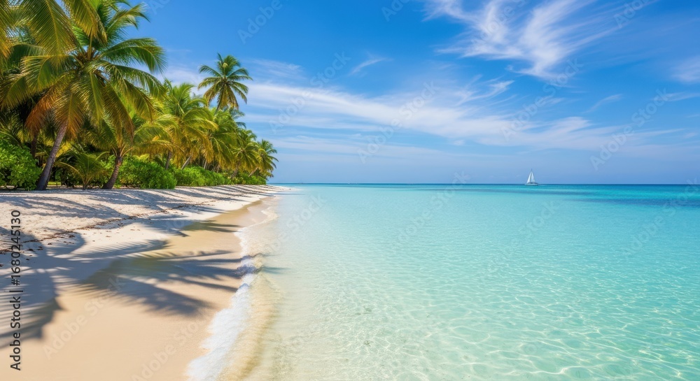 Naklejka premium Tropical beach with palm trees and crystal clear turquoise water under a blue sky with clouds, a perfect paradise vacation