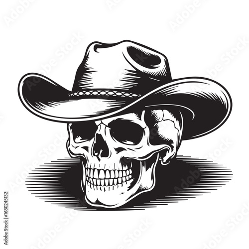 Cowboy skull in hat black and white illustration for tattoo, biker, and western design concept