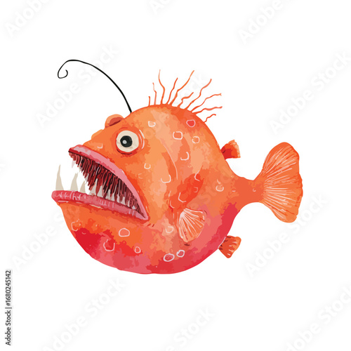 Striking Orange Anglerfish Watercolor Illustration with Prominent Teeth and Bioluminescent Lure