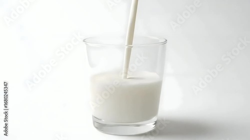 Fresh stream of white milk being poured into a clear drinking glass, a healthy dairy beverage for breakfast isolated on a white background