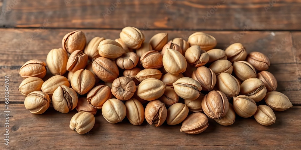 Naklejka premium Assortment of shelled nuts on rustic brown wooden surface, rustic, autumn