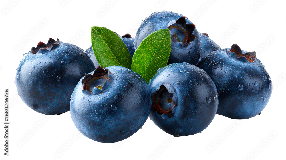 Obraz premium Ripe Blueberries With Water Droplets And Green Leaves, cut out transparent