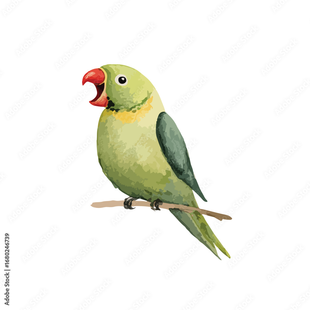 Obraz premium Vibrant Green Parrot Perched on Branch Open Beak