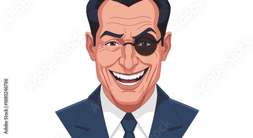 Smiling Cartoon Businessman with Eyepatch in Blue Suit Expressing Confidence and Charisma