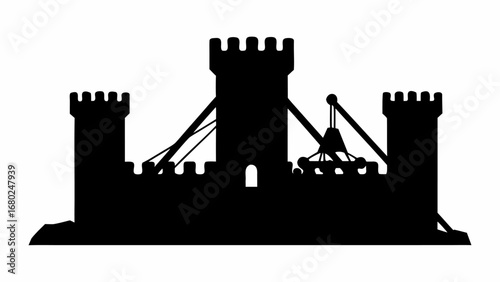 Silhouette of a medieval castle with three towers and a trebuchet on a white background scene view