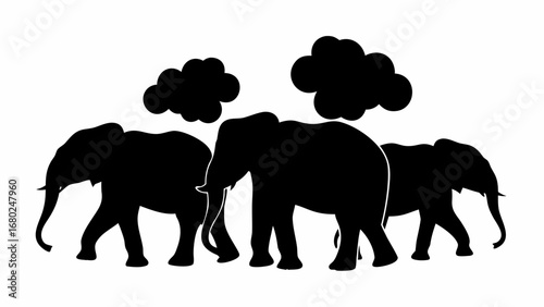 Three elephants walking in silhouette under dark clouds against a white background in monochrome style art