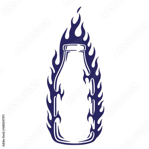 Illustration of a milk bottle wrapped in stylized flames for design and concepts