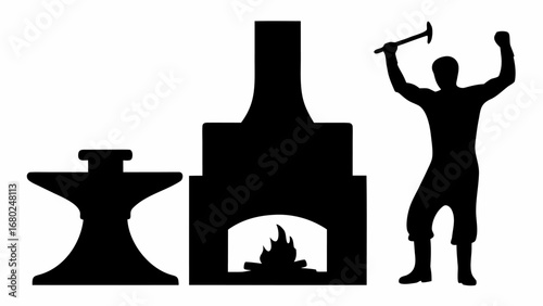 Blacksmith scene showing anvil, forge with fire, and blacksmith silhouette holding hammer in the air