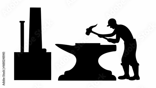 Silhouette of a blacksmith working at an anvil with a hammer next to a machine in black and white