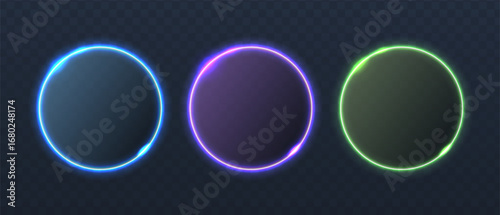 Vector illustration. Neon glowing circle frames. Isolated on transparent background. 