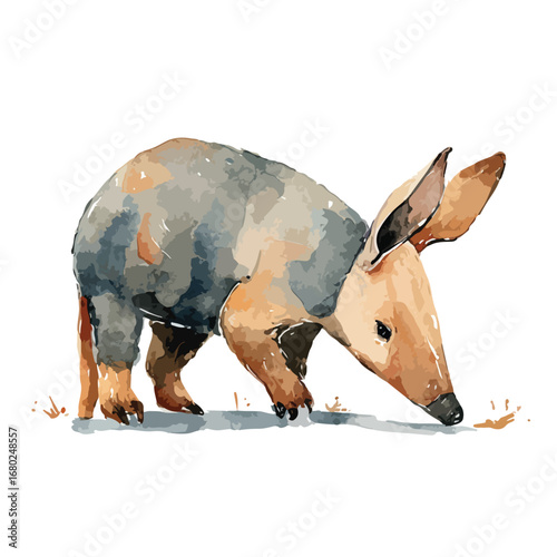 Watercolor aardvark with long ears and snout foraging on the ground