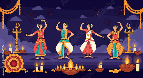 Traditional Indian Classical Dance Performance During a Festive Celebration with Diyas