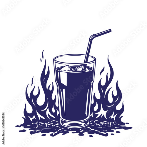Refreshing cold drink in a glass with ice cubes surrounded by stylized flames vector