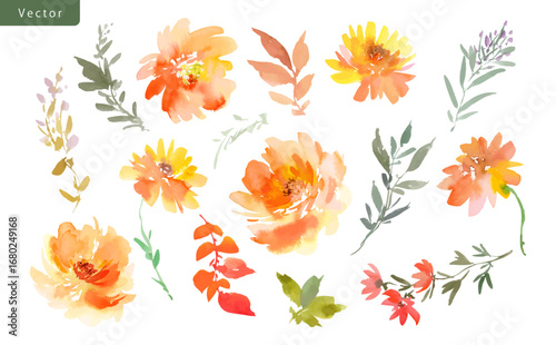 Watercolor Autumn floral clipart set with abstract hand painted orange peonies, wildflowers and leaves. Vector files. Elegant floral illustrations for pattern, wedding invitations.