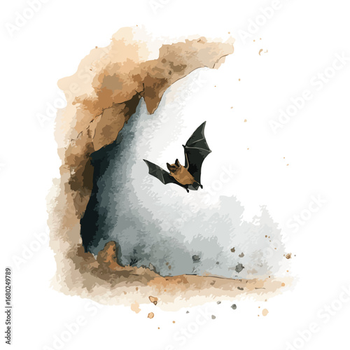 Watercolor Bat Emerging from Cave Entrance with Textured Rock Details