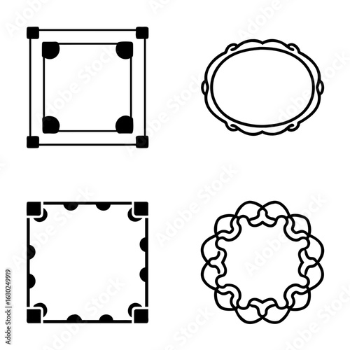 Decorative frames in various shapes and styles, icon set,  black outline on a transparent background  