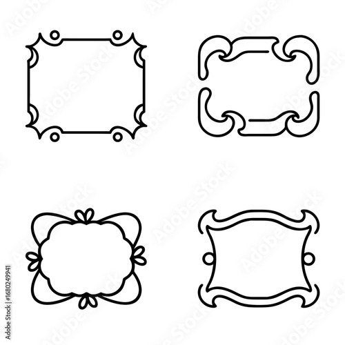 set of icons, decorative rectangular frames, black outline on a transparent background 