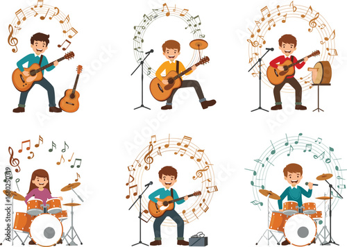 Children playing musical instruments, cartoon kids band illustration, fun concert performance, happy children music group, music notes background, vector