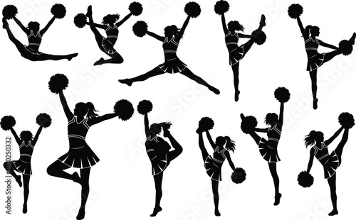 Silhouette of cheerleaders performing dance routines, pom pom choreography, energetic jumps, cheerleading stunts, team spirit, sports event vector illustration
