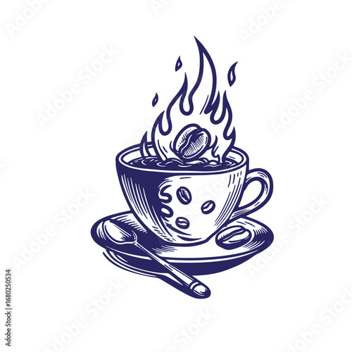 Steaming coffee cup with flames and coffee beans in a detailed vintage engraving style