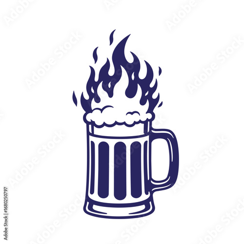 Stylized beer mug with frothy foam and flames for brewery or pub design