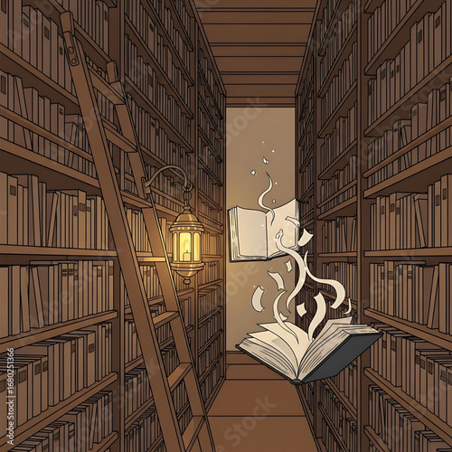 Magical Library with Floating Books – Fantasy Illustration of Antique Bookshelves, Lantern, and Whirling Pages , halloween
