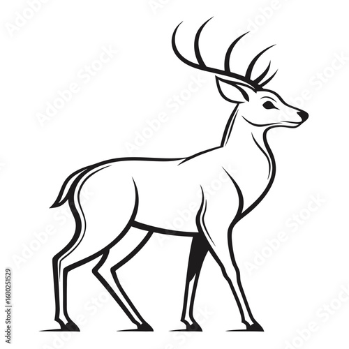 Black and white graphic illustration of a stag with large antlers deer male deer