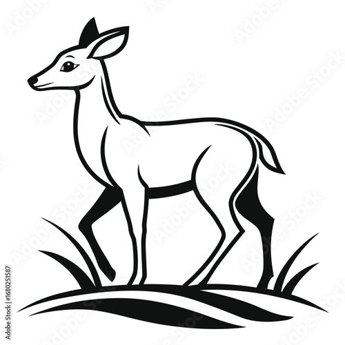 Black and white illustration of a young deer standing in grass fawn female deer