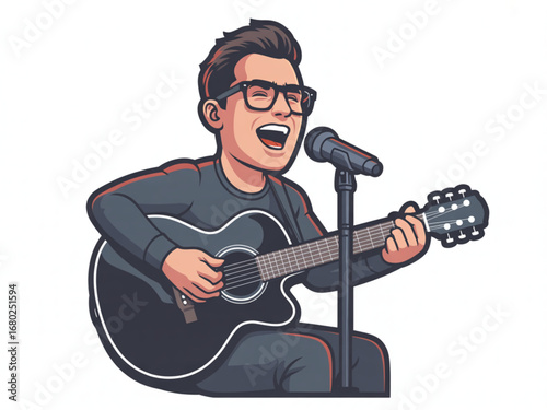 Pop-rock musician mascot vector – singer with guitar and microphone illustration