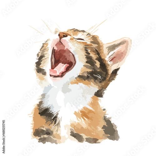 Watercolor Calico Cat Yawning with Open Mouth and Visible Teeth