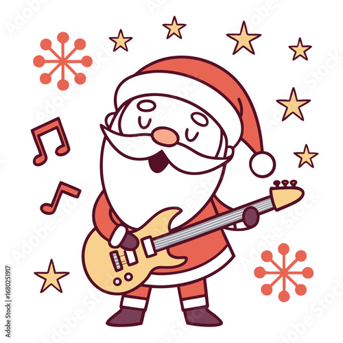 Cartoon Santa Claus Playing Electric Guitar with Music Notes and Stars on White Background christmas