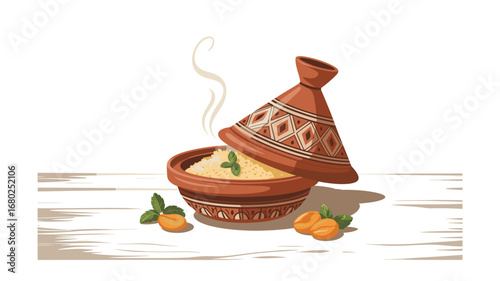 Steaming Moroccan Tagine with Apricots and Mint: Authentic Cuisine, Traditional Cooking, and Cultural Delights in a Rustic Setting with Decorative Design Elements.