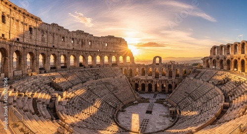 Majestic panoramic view of a historic Roman amphitheater during a breathtaking golden hour sunset