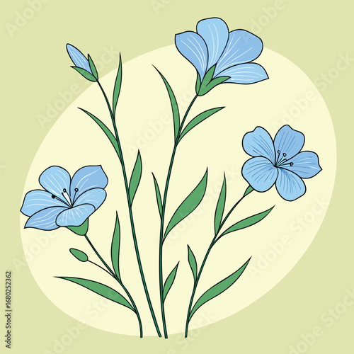 Delicate Blue Flax Flowers with Green Stems and Leaves on Yellow Oval nature floral